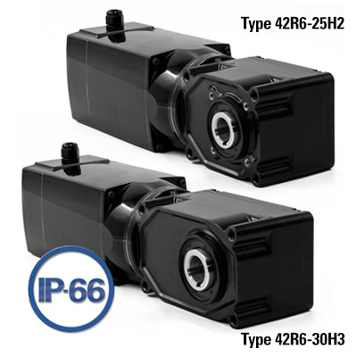 Bodine Electric 3061, 1/3 Hp, 340 Rpm, 240:1, 53 Lb-in, 42R6BEPP-25H2, 230/460Vac, Hypoid Series 42R6 3-Phase AC Inverter-Duty Right Angle Hollow Shaft Gearmotors