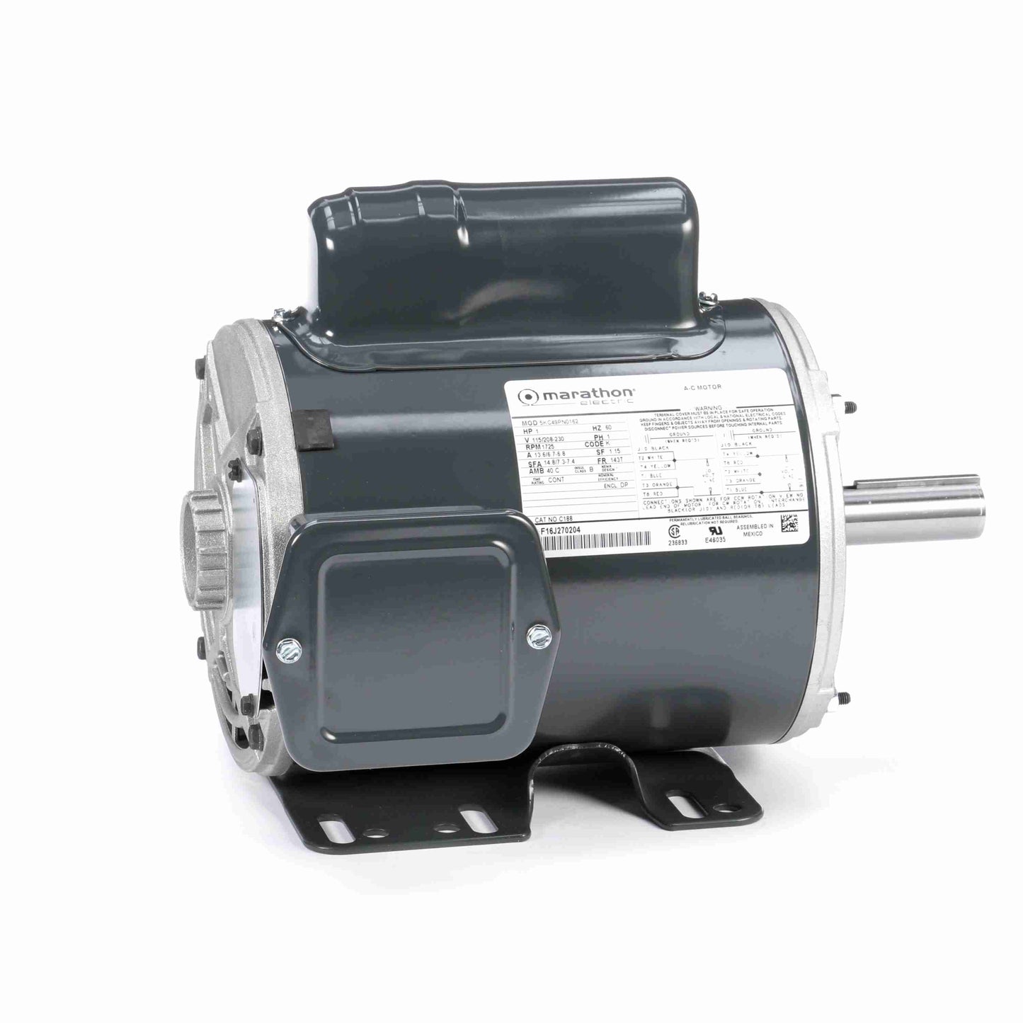 Marathon Electric C1298A, 3/4 HP, 1800 RPM, 56 FR, 115/208-230 Vac, 1 PH, Dripproof, Rigid Base, General Purpose, 56B17DRR70012A1.