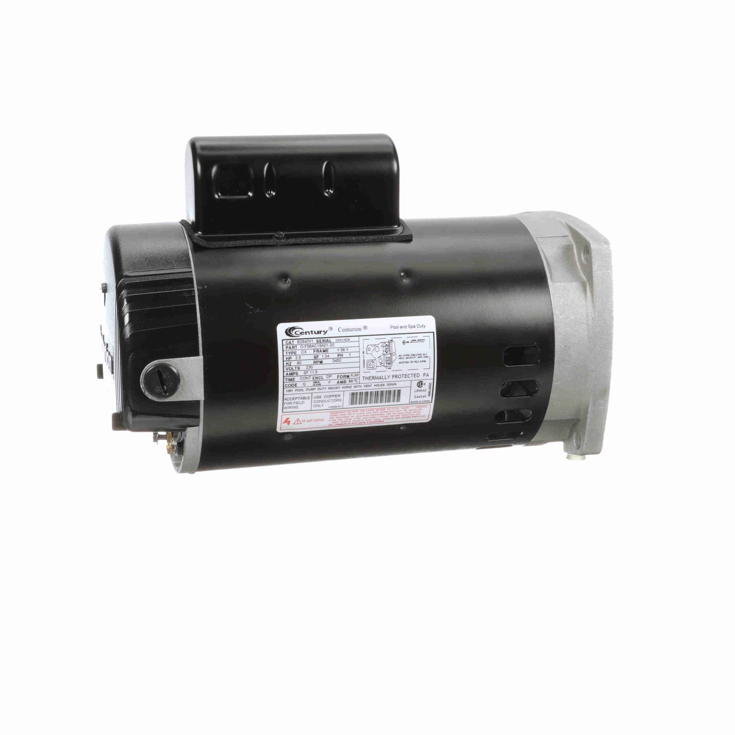 Century B2840V1, 2 1/2 Hp, 3600 Rpm, 56Y FR, 208-230, 1 PH, DP, Switchless, Permanent Split Capacitor, Low Service Factor, Square Flange, Pool (In Ground), Up Rated Motor