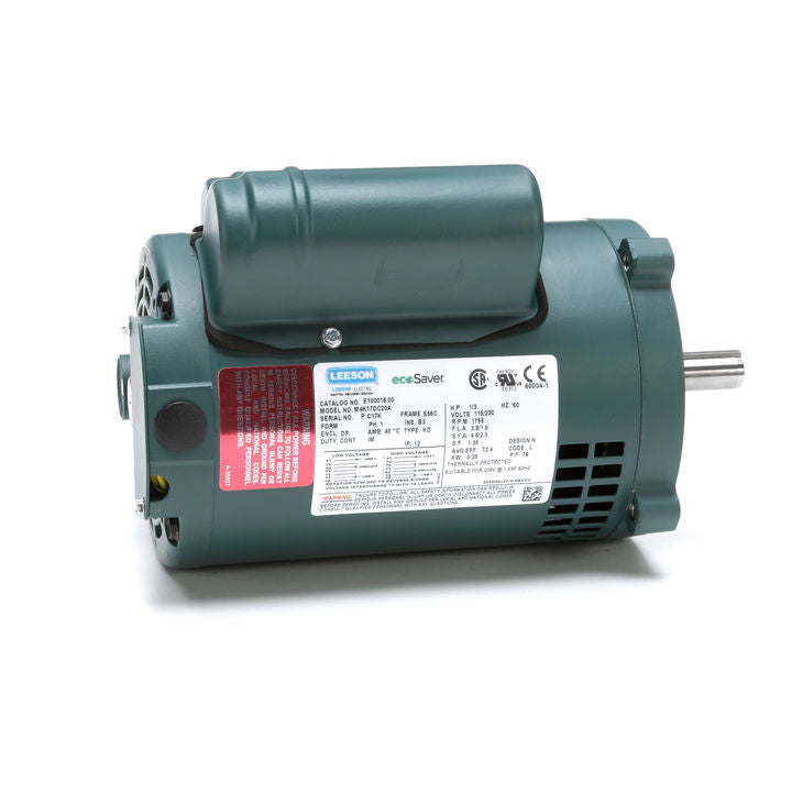 Leeson Electric E100010.00, 1/3 HP, 1800 RPM, S56 FR, DP, 115/230 Vac, 1 PH, C-Face Less Base, General Purpose.