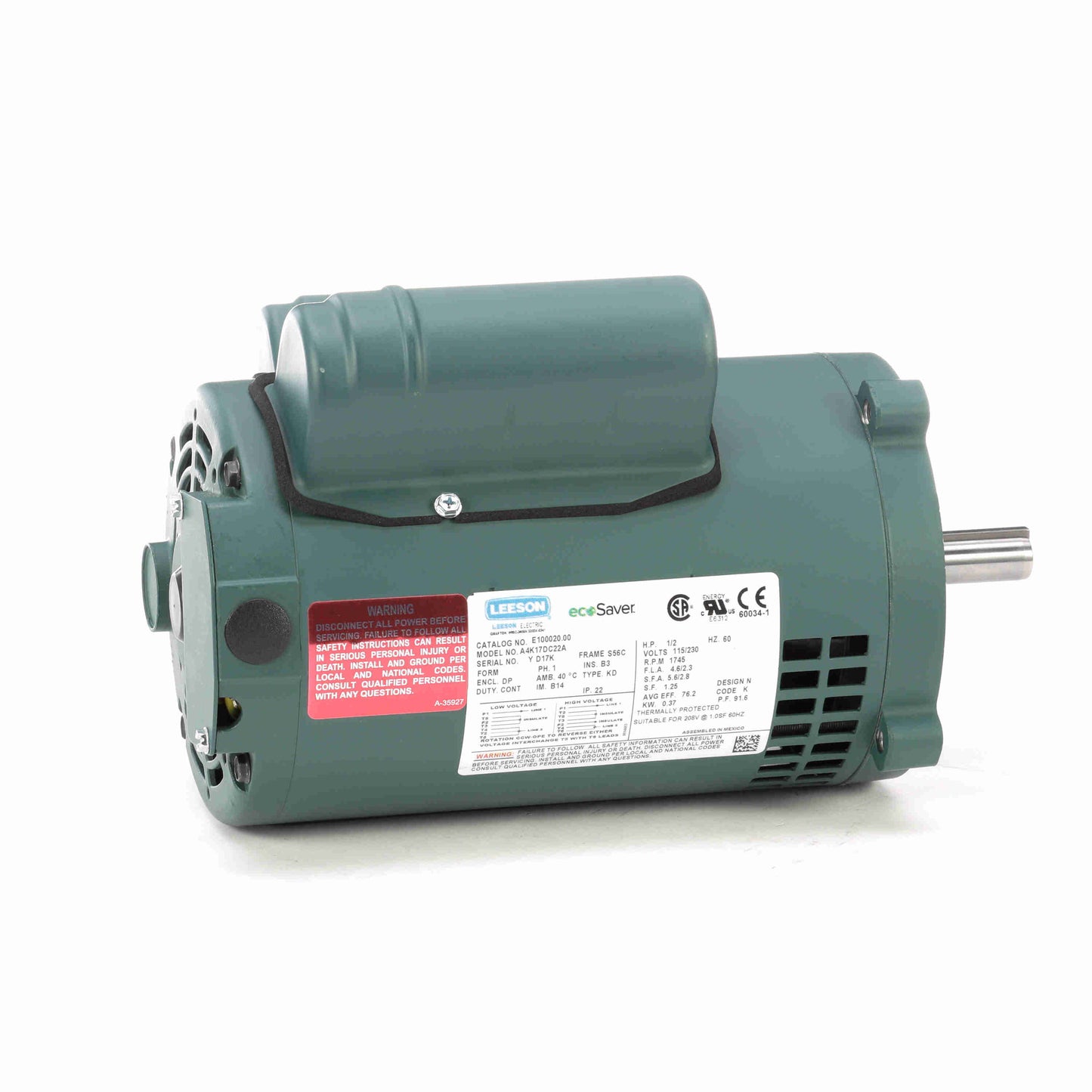 Leeson Electric E100020.00, 1/2 HP, 1800 RPM, S56C FR, DP, 115/208-230 Vac, 1 PH, C Face Less Base, General Purpose