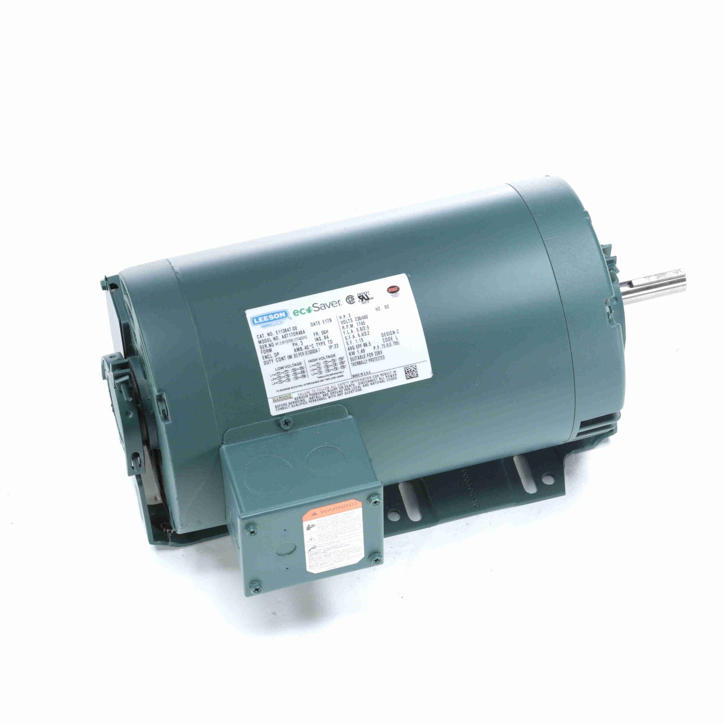 Leeson Electric 122233.00, 2 HP, 1800 RPM, 145T FR, 200-208 Vac, 3 PH, TEFC, Rigid Base, Special Voltage Motor.