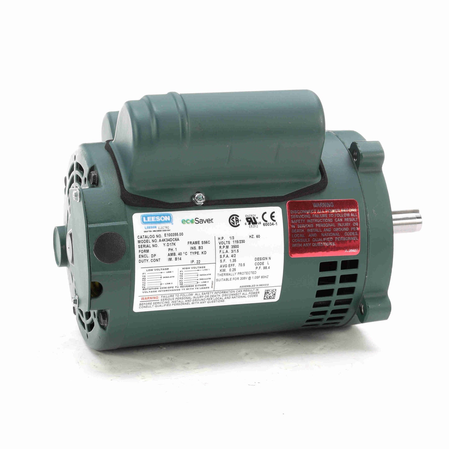 Leeson Electric E100355.00, 1/3 HP, 3600 RPM, S56C FR, DP, 115/230 Vac, 1 PH, Rigid Base, General Purpose.