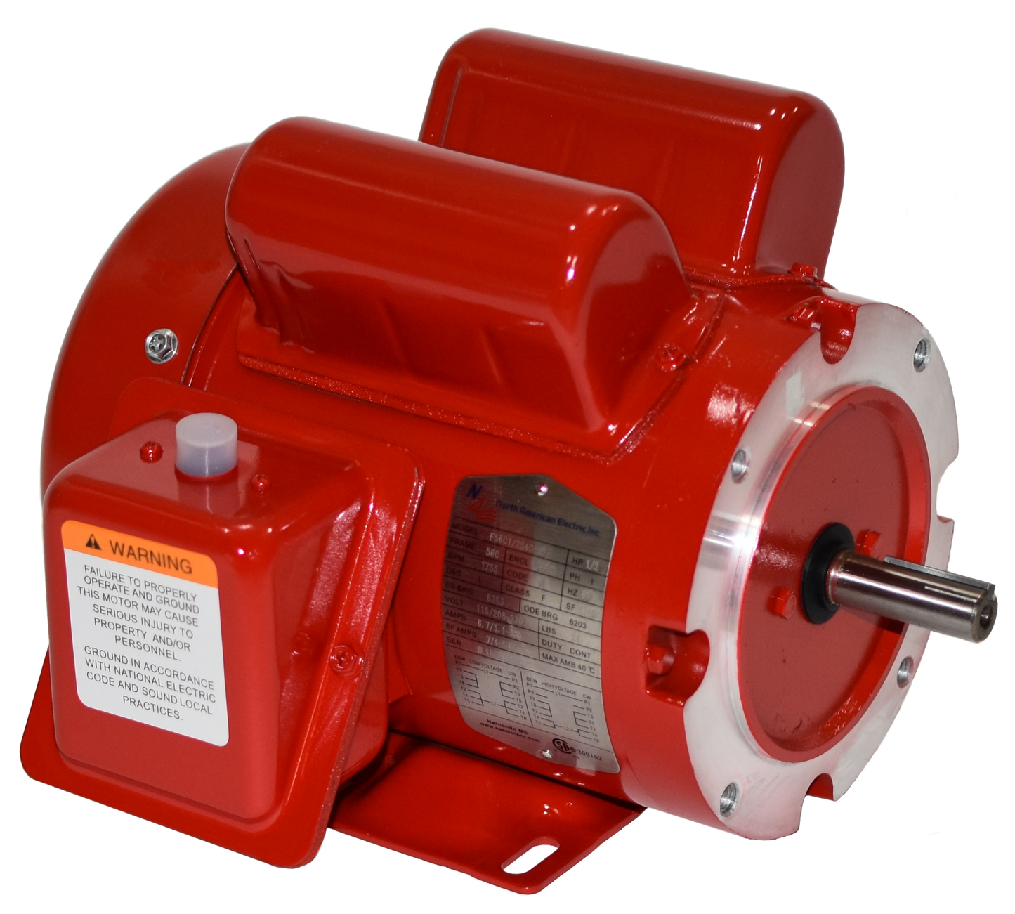 North American Electric F56C3/4S4C-MO, 3/4 HP, 1800 RPM, 56C Frame, 115/208-230V, 1PH, NEMA Design B, 60HZ, 1.15 S.F., TEFC, Farm Duty, Rolled Steel, Manual Overload