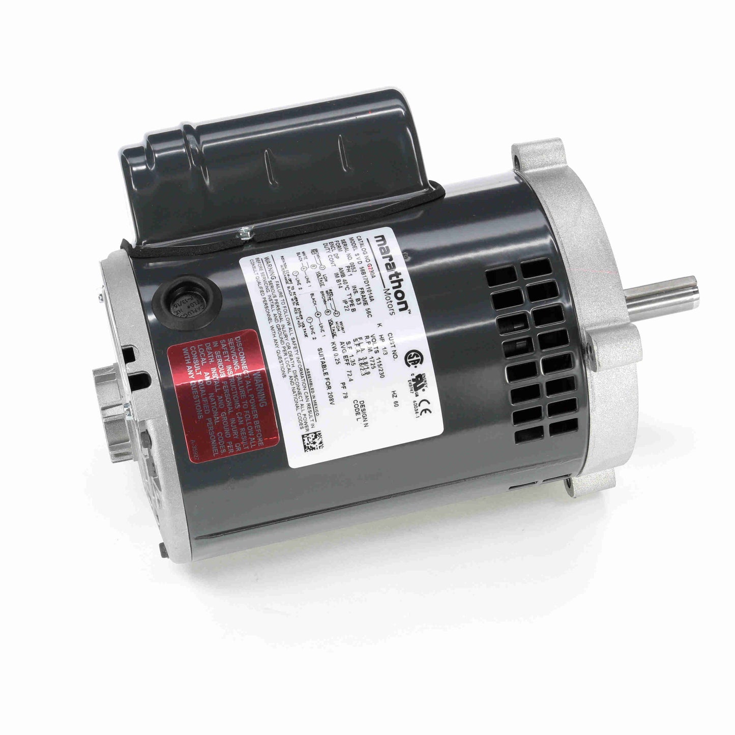 Marathon Electric G230A, 1/3 Hp, 1800 Rpm, 56C FH, 115/230 Vac, 1 PH, Dripproof, C-Face Footless, General Purpose, No Over Load, 056B17D11014