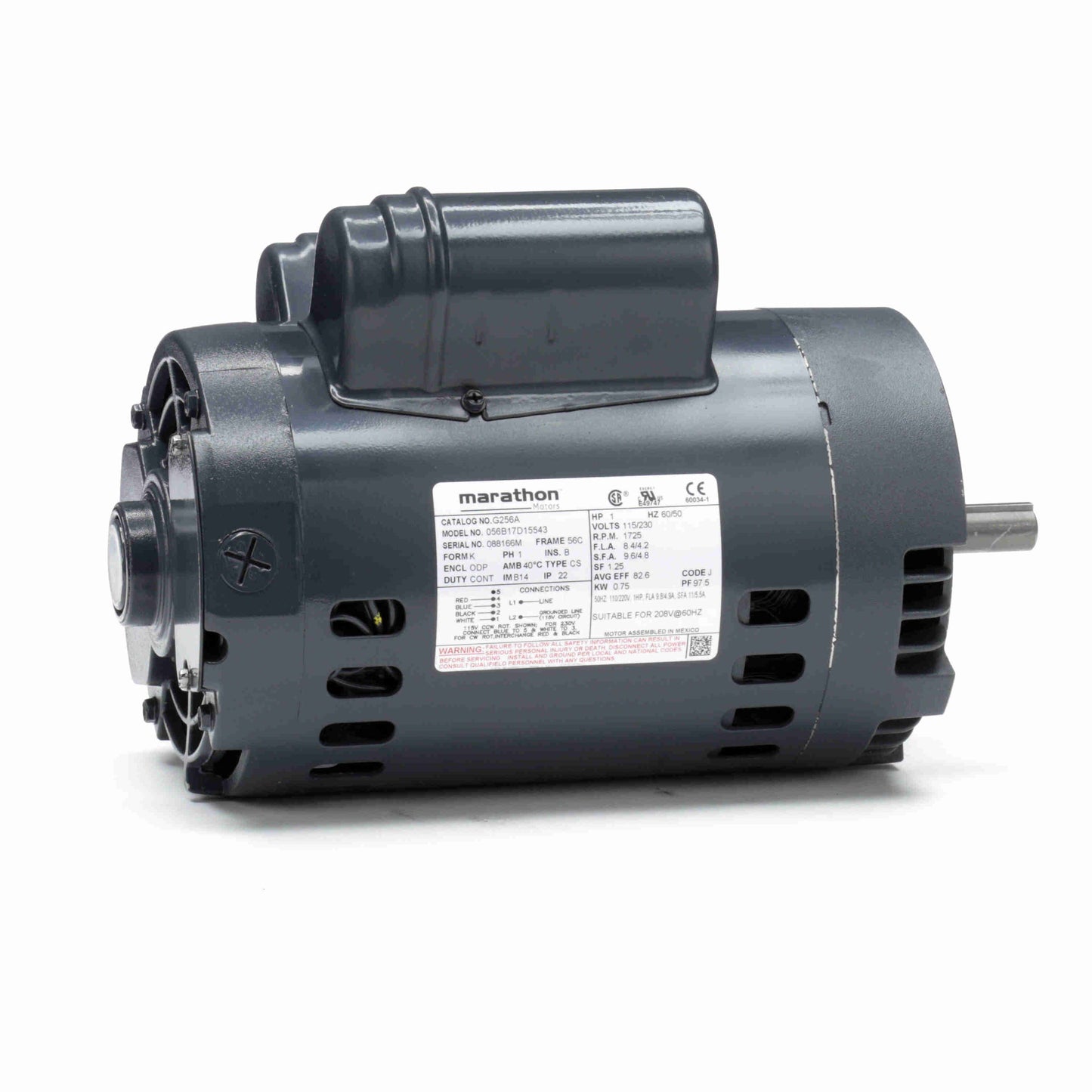 Marathon Electric G256B, 1 Hp, 1800 Rpm, 56C FR, 115/230 V, 1 PH, Dripproof, C-Face Footless, General Purpose, No Overload, 56C17D5310.