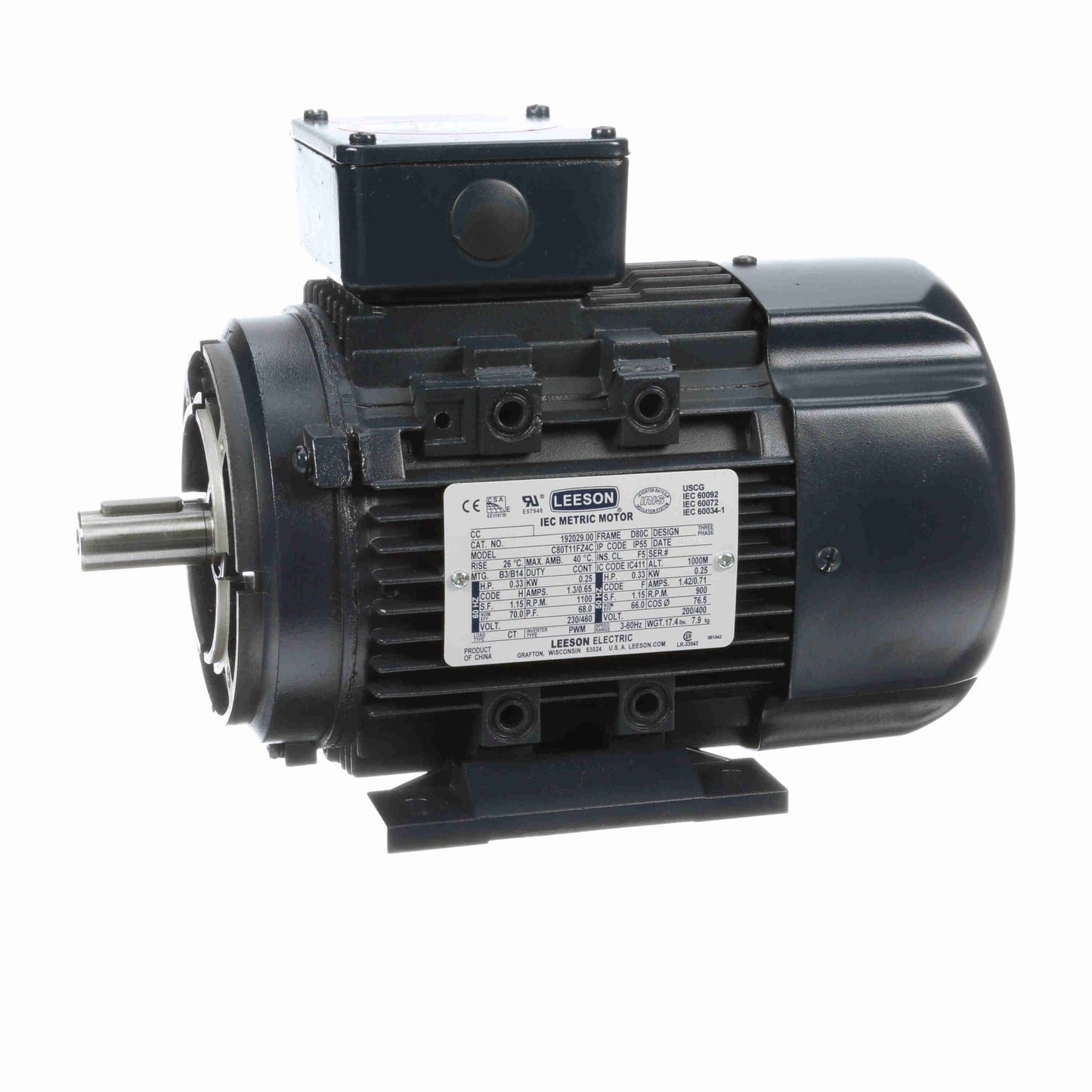 Leeson Electric 192031.00, 1/2 HP-0.37 kW, 1700 RPM, D71 FR, 230/460 Vac, 3 PH, TEFC, B3, General Purpose Motor.