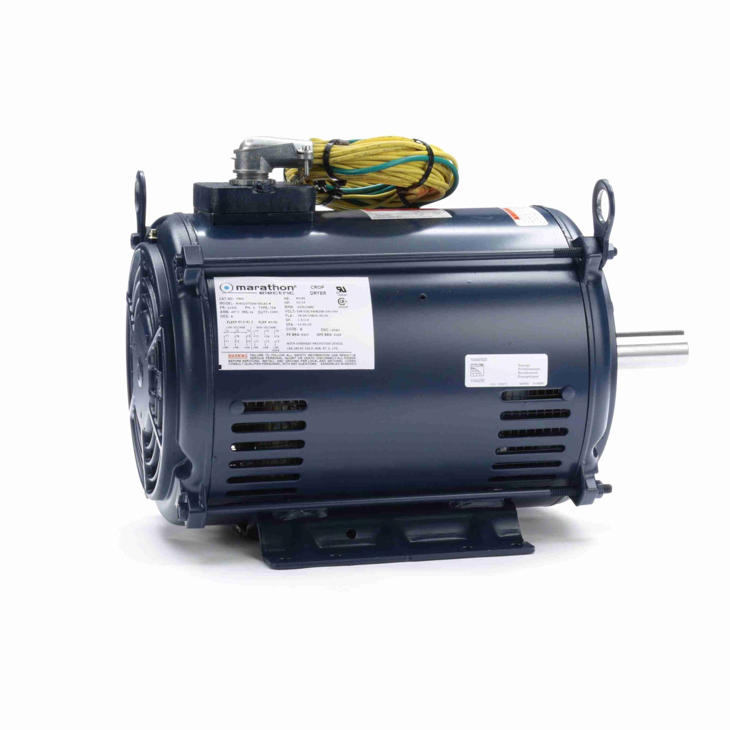 Marathon Electric Y302A, 5-7 Hp, 3600 Rpm, 184TZ FR, 208-220/440 Vac, 3 PH, Crop Dryer, Open/Air Over, 184TTDW7611.