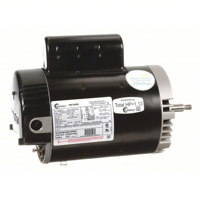 Century B2973,  3/4 Hp, 3600 Rpm, 56-1/2" Diameter (56J Frame), NEMA C, 115 Vac, 1 PH, ODP, Threaded Shaft, Permanent Split Capacitor, Switchless, C-Face Less Base, Spa, Two Speed, Full Rated Motor