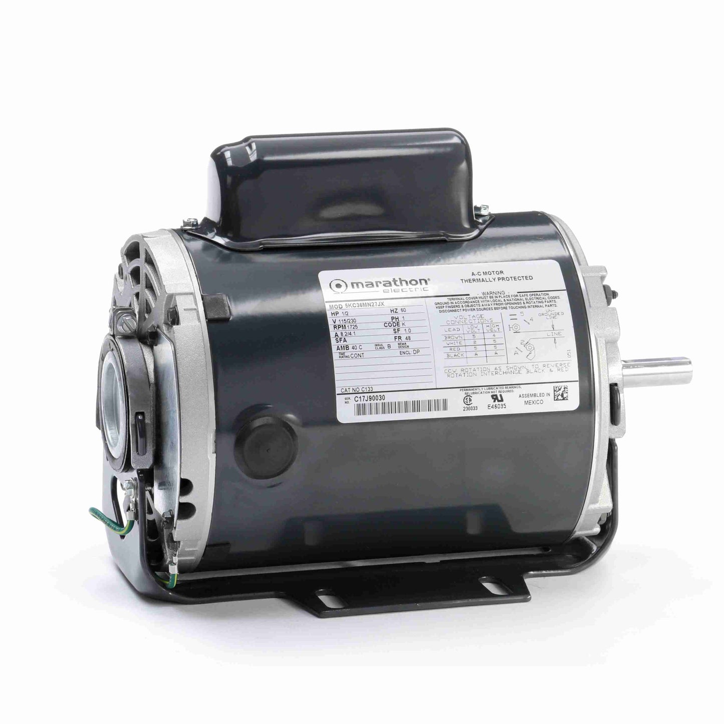 Marathon Electric C129, 1/3 HP, 1725 RPM, 48 FR, 115/230 Vac, 1 PH, Dripproof , Resilient Base, Fan and Blower, 5KC35JN23X.
