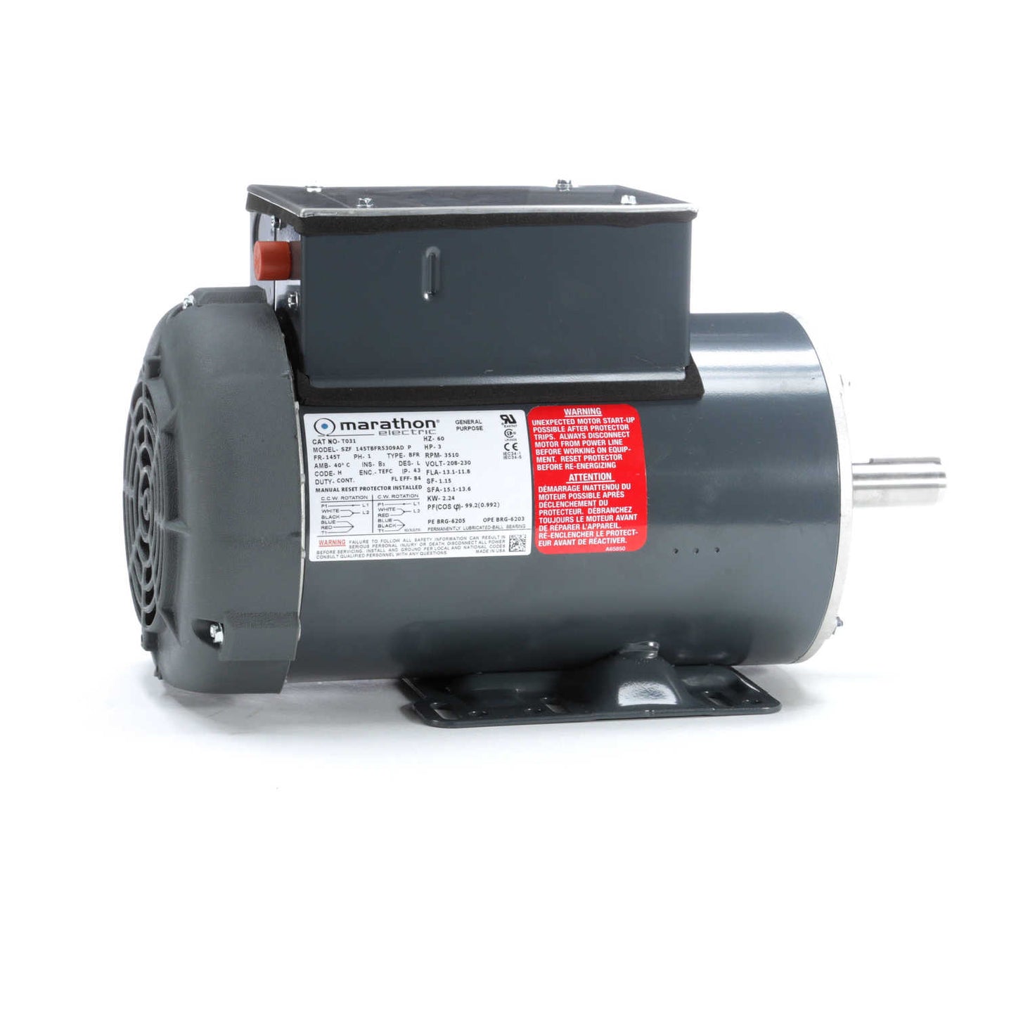 Marathon Electric T031, 3 Hp, 3600 Rpm, 145T FR, 208-230 Vac, 1 PH, Totally Enclosed, Rigid Base, Woodworking/Power Tool, Manual Overload, 145TBFR5309